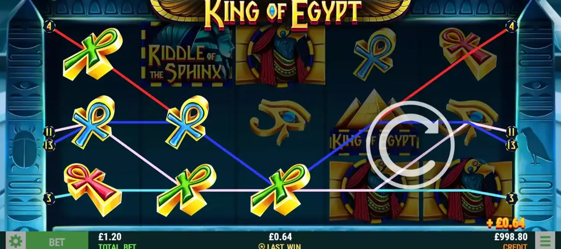 Schermata di King of Egypt con quattro linee vincenti evidenziate da tracciati colorati
