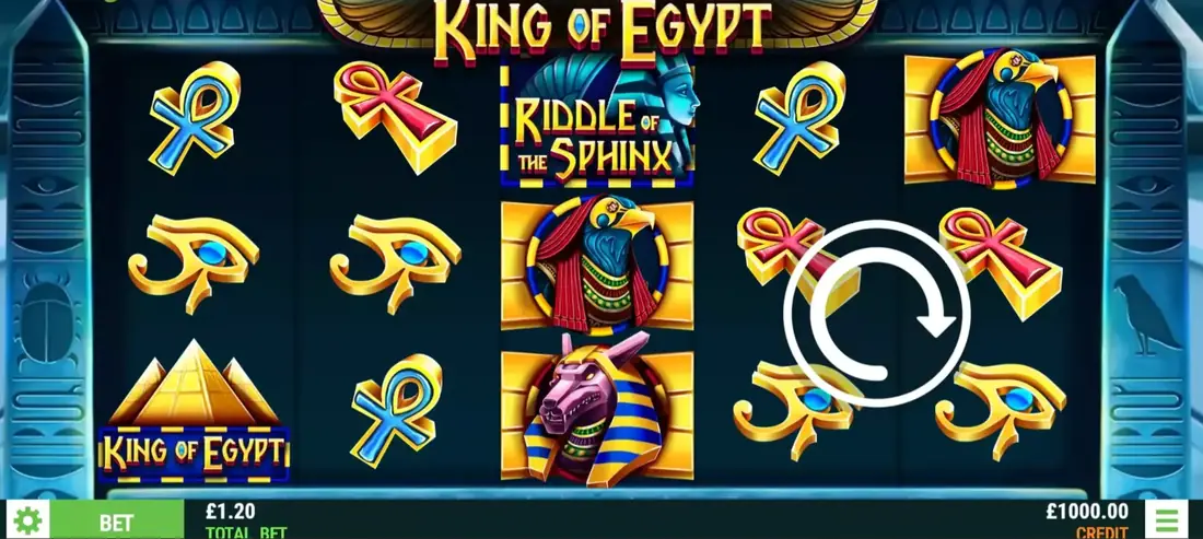 Rulli del gioco base di King of Egypt con ankh, Anubi e il simbolo Riddle of the Sphinx